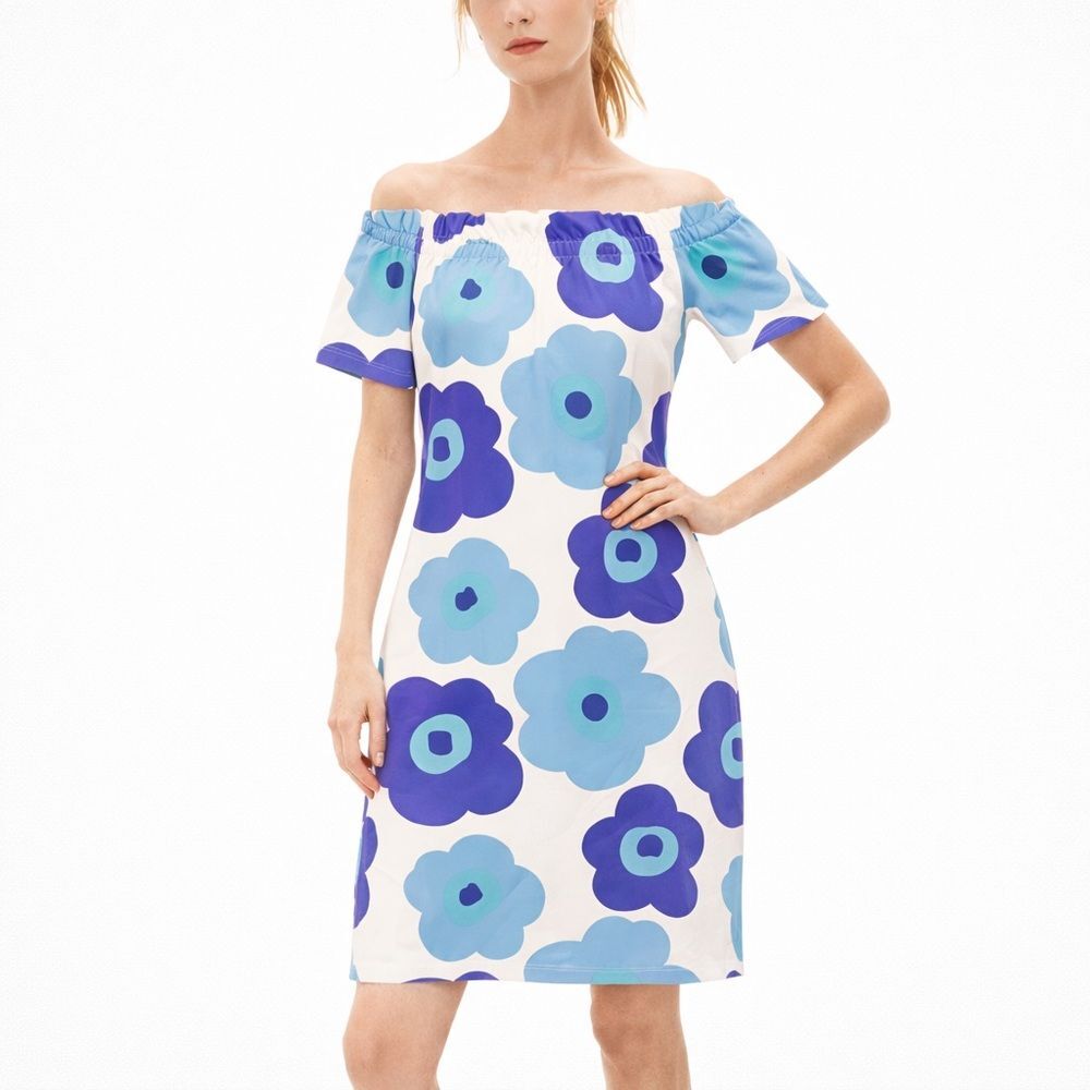 Sailor Sailor Blue Floral Off Shoulder Dress Stretch Sheath Mod Preppy Size S